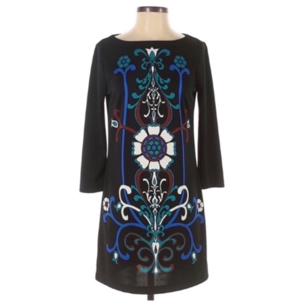 Tibi Extra Small Black Abstract Floral Print Long Sleeve Career Wear Short Dress